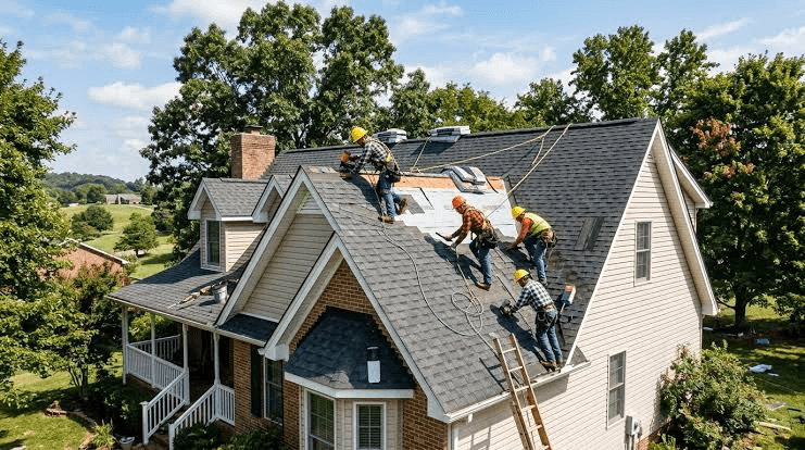 Roofing contractors installing shingles on a residential home