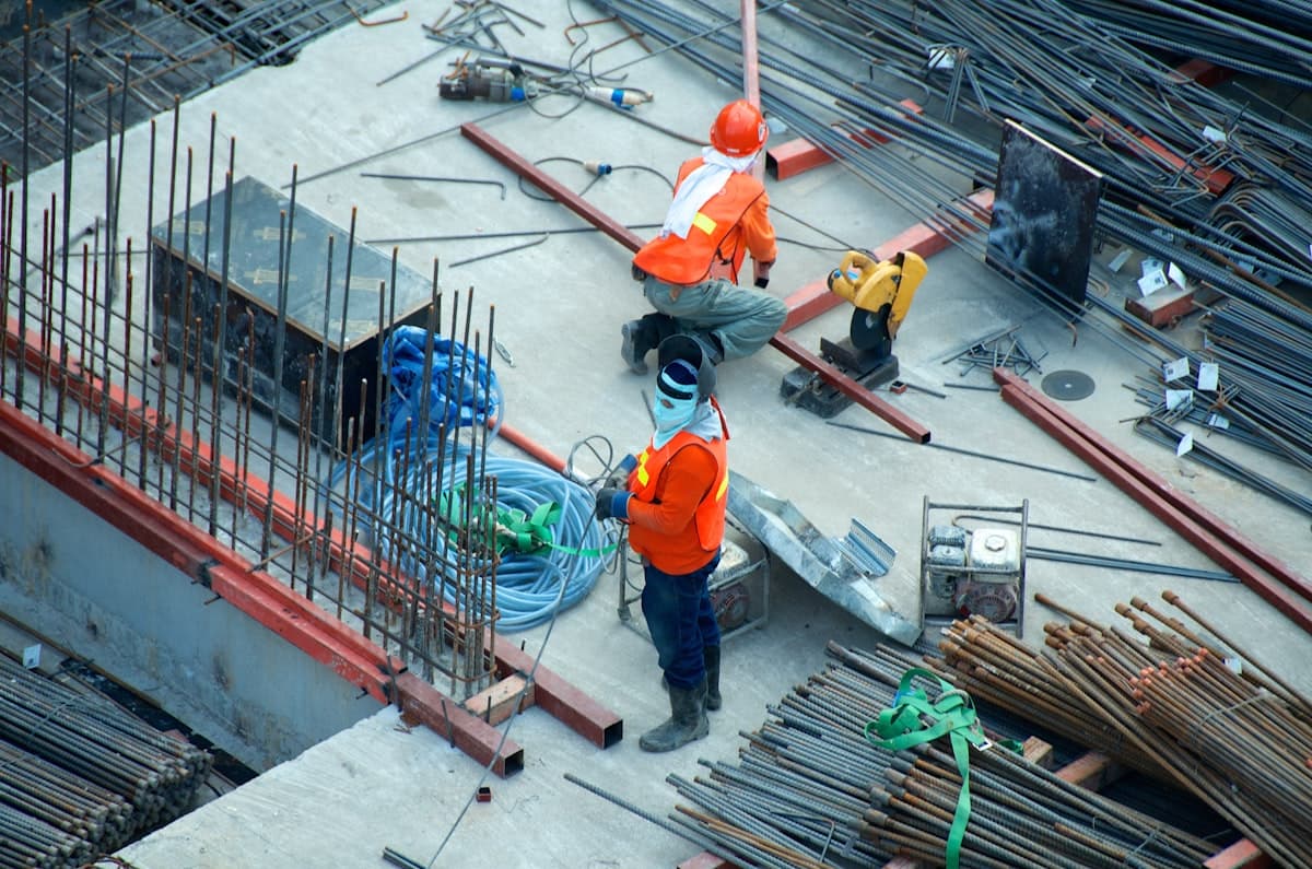Structural steel frame on an active construction site